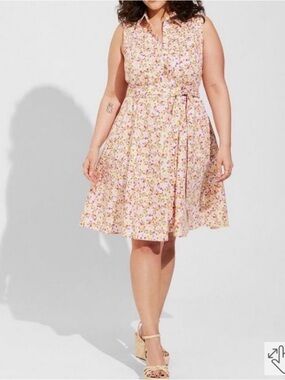 Torrid Cotton Collared Shirt Dress Womens Size 1X Ditsy Floral Print Pink Yellow
